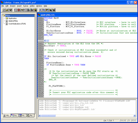 PLC application frame for motion applications in CoDeSys