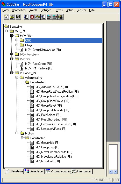 Übersicht über die Motion Bibliothek McpPLCopenP4.lib in CoDeSys