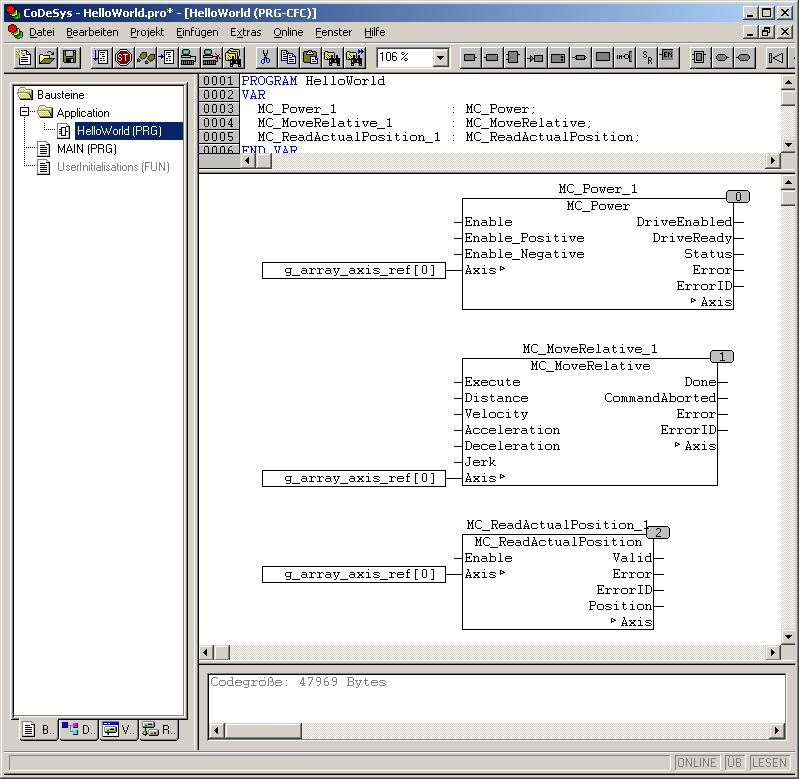 Anbinden der ersten Achse im System an PLCopen-FB über g_array_axis_ref[0]