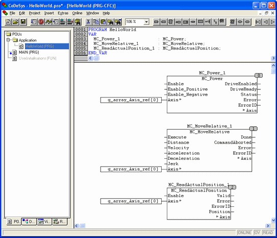 Interfacing the first axis in the system to PLCopen FBs via g_array_axis_ref[0]