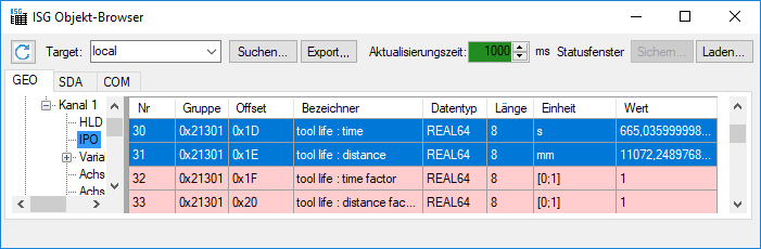 ISG Objekt-Browser – tool life