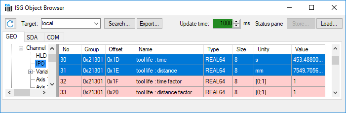 ISG Object Browser – tool life