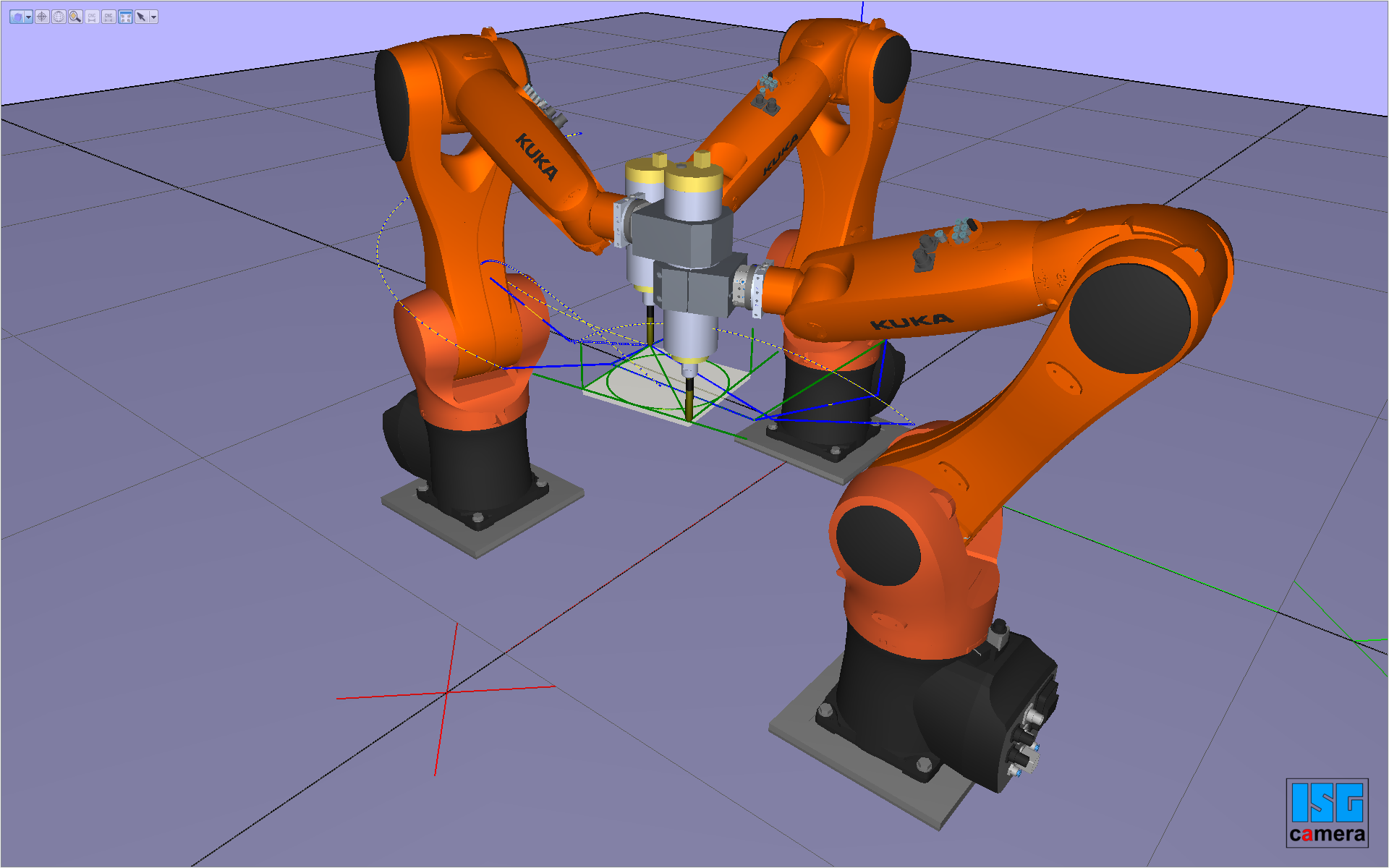 Bearbeitung zweier Slave-Roboter auf einem durch den Master-Roboter bewegten Werkstück