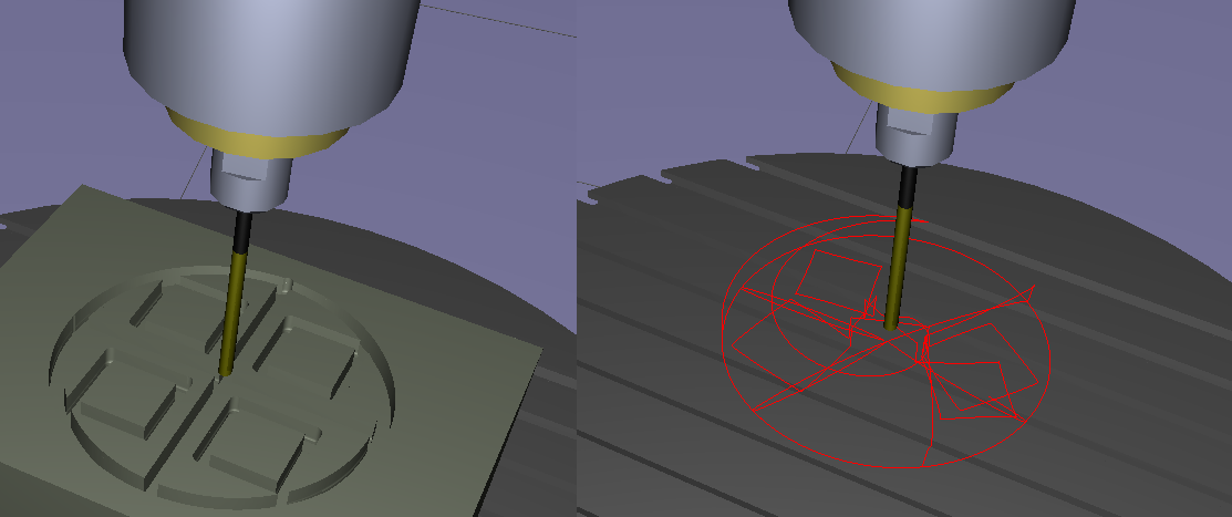 Machined workpiece (left) during a rotation; the trace view on the right