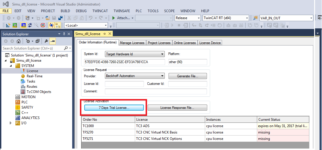 Activate a TwinCAT 3 trial license