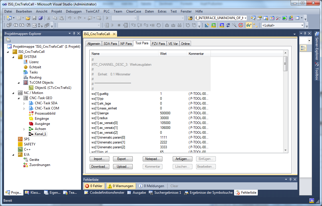 Transformation parameters of the tool