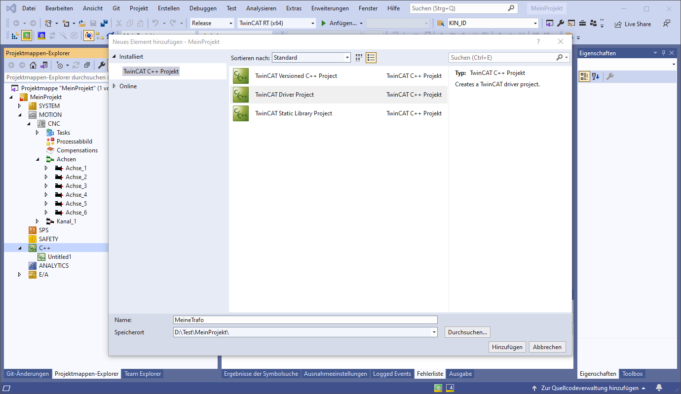 TwinCAT Treiber-Projekt anlegen