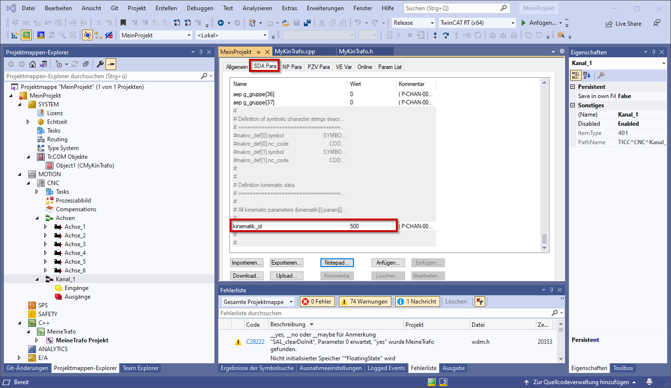 Parametrieren der Transformation in Kanalparameterliste