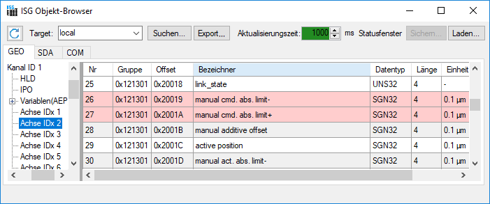 Access to absolute offset limits in the ISG object browser