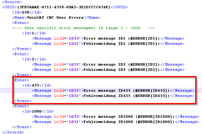 Code extract with integrated error text